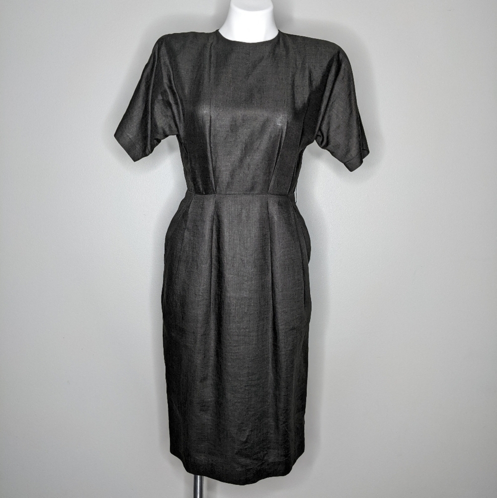 Vintage Ann Tijian for Kenar 2 grey button back linen dress 8P